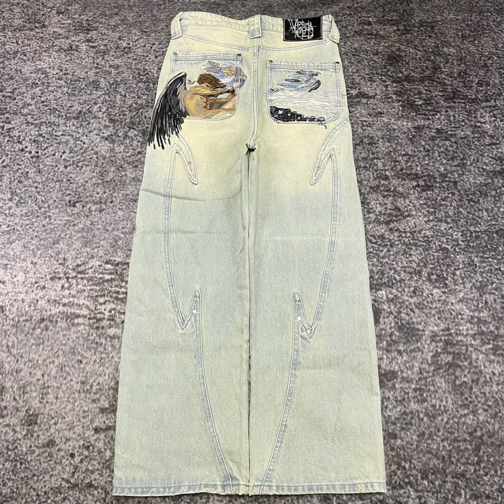 Vescartes Fallen Angel Jeans Mens XS (29x28) Blue Embroidered Baggy Wide Leg Y2K